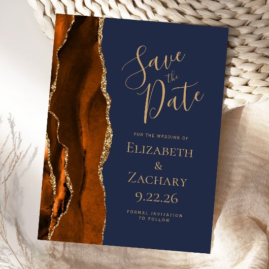 Agate Burnt Oranje Gold Navy Blue Save the Date Aankondigingskaart
