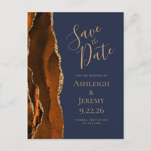 Agate Burnt Oranje Gold Navy Blue Save the Date Briefkaart (Voorkant)