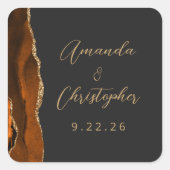 Agate Burnt Oranje Gold Script Donkere bruiloft Vierkante Sticker (Voorkant)
