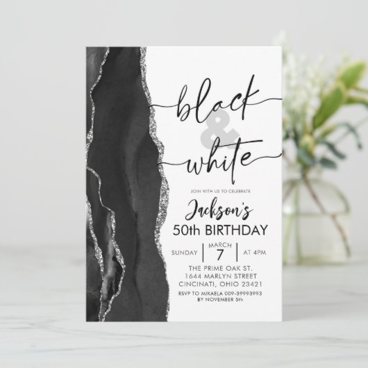 Agate Elegant Zwart Wit Verjaardagsfeest Kaart (Staand voorkant)