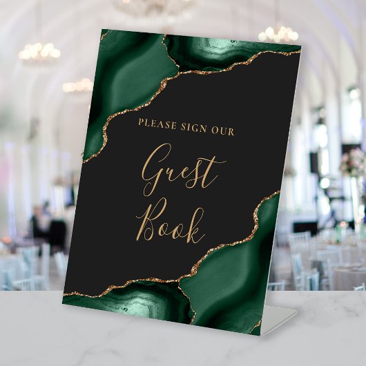 Agate Emerald Green Gold Dark Wedding Gastboek Reclamebord Met Voetstuk