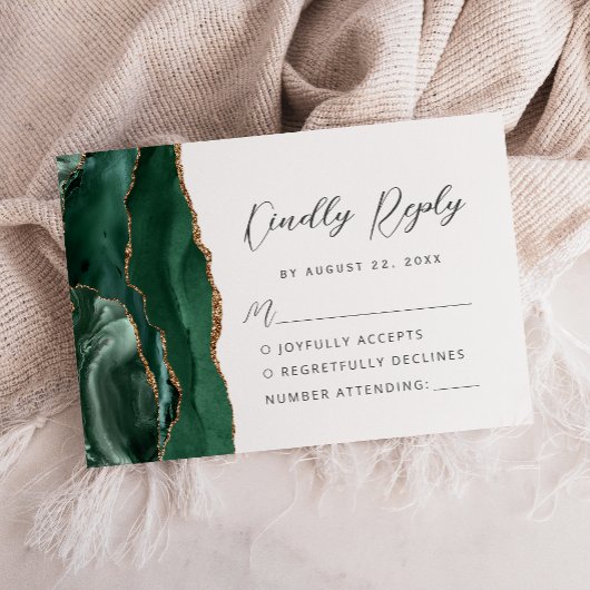 Agate Emerald Green Gold Modern Script Wedding RSVP Kaartje