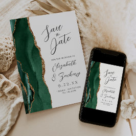Agate Emerald Green Gold Script Wedding Save The Date