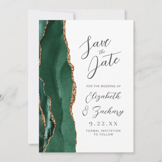 Agate Emerald Green Gold Script Wedding Save The Date (Voorkant)