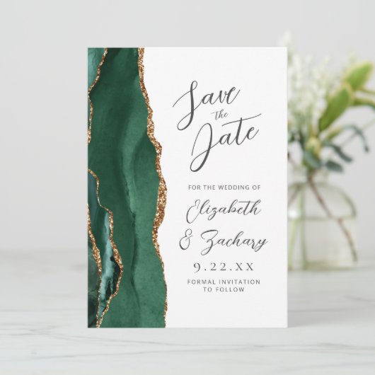Agate Emerald Green Gold Script Wedding Save The Date (Staand voorkant)