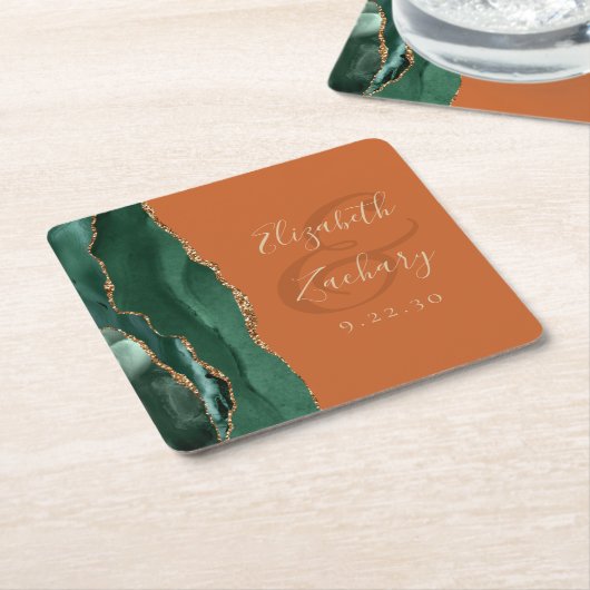 Agate Emerald Green Gold Verbrand Sinaasappel Wedd Kartonnen Onderzetters (Schuin)