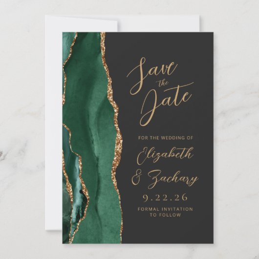 Agate Emerald Groen Goud Script Donker Bruiloft Op Save The Date (Voorkant)