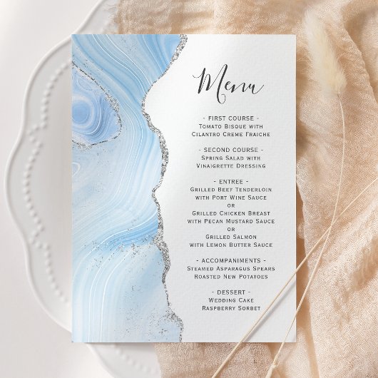 Agate Geode Baby Blue Zilver Glitter Bruiloft Menu