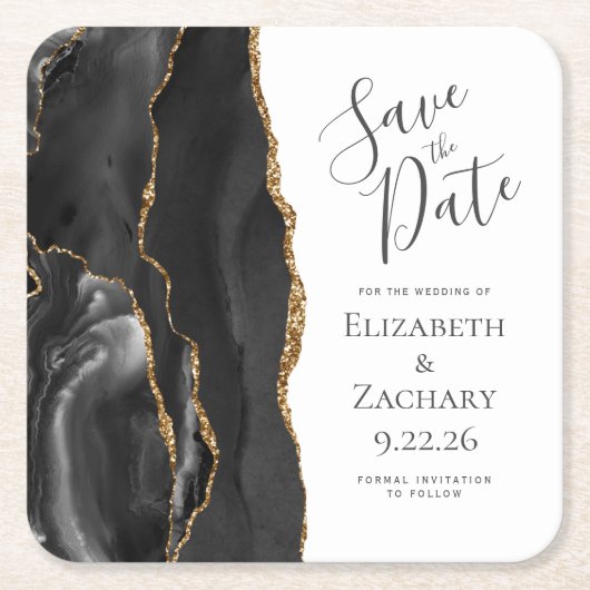 Agate Geode Black Gold Save the Date Kartonnen Onderzetters (Voorkant)