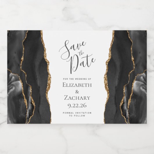 Agate Geode Black Gold Save the Date Sparkling Wijnetiket (Enkel label)