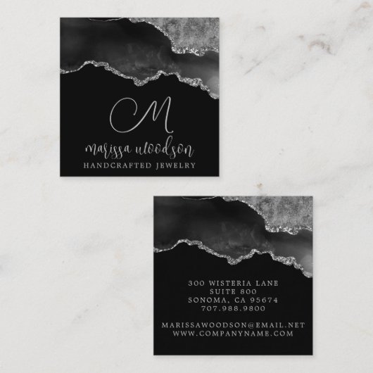 Agate Geode Black Silver Monogram Jewels Design Vierkante Visitekaartje (Voorkant / Achterkant)