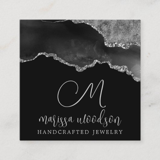 Agate Geode Black Silver Monogram Jewels Design Vierkante Visitekaartje (Voorkant)