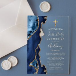 Agate Geode Blauw Goud Tekst Eerste Heilige Commun Acryl Uitnodigingen