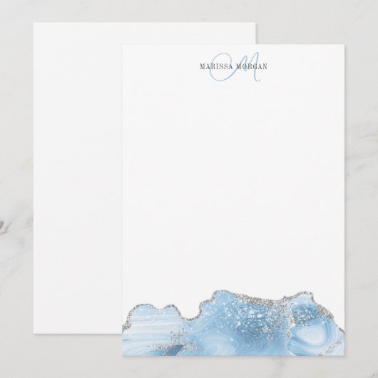 Agate Geode Blue Silver Monogram Notitiekaartje (Voorkant / Achterkant)
