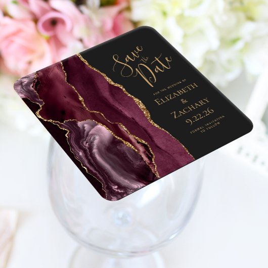 Agate Geode Bourgondië Goud Donker Save the Date Kartonnen Onderzetters