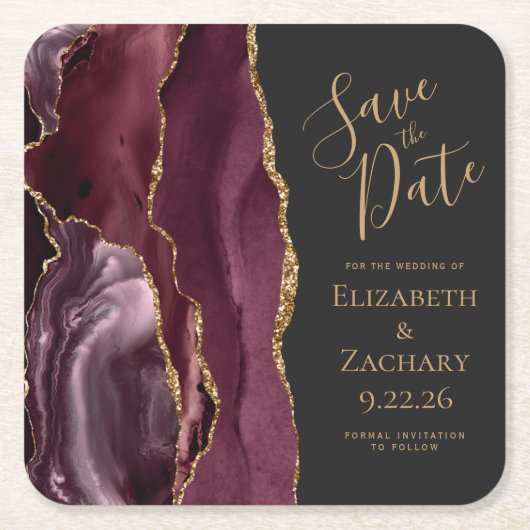 Agate Geode Burgundy Gold Dark Save the Date Kartonnen Onderzetters (Voorkant)