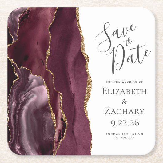 Agate Geode Burgundy Gold Save the Date Kartonnen Onderzetters (Voorkant)