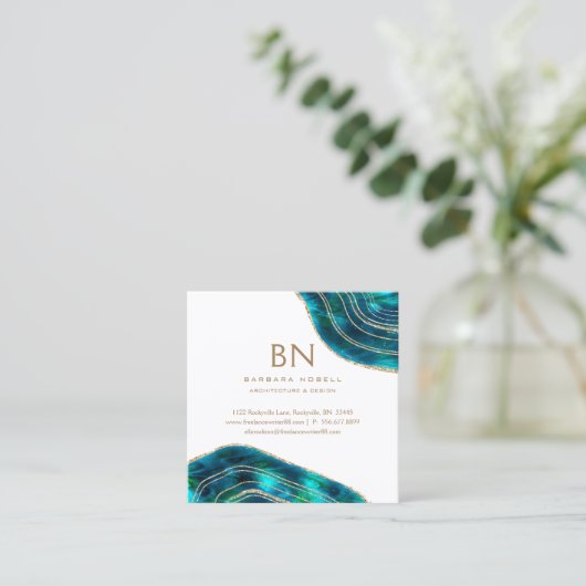 Agate Geode Cosmic Crystals Blue Green Glitter Vierkante Visitekaartje (Staand voorkant)