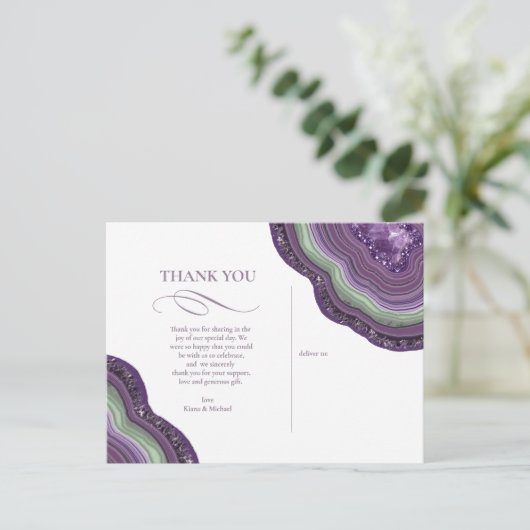 Agate Geode Glitter Dank u Violet ID647 Aankondigingskaart (Staand voorkant)
