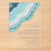 Agate Geode Glitter Wedding Blauwgroen ID647 Acryl Uitnodigingen (Voorkant)