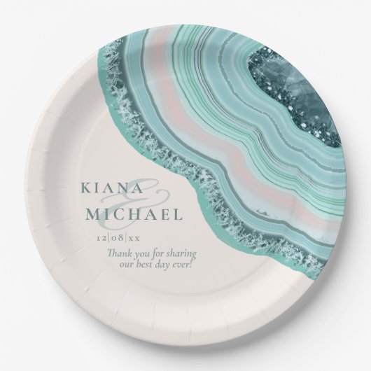 Agate Geode Glitter Wedding Blauwgroen ID647 Papieren Bordje (Voorkant)