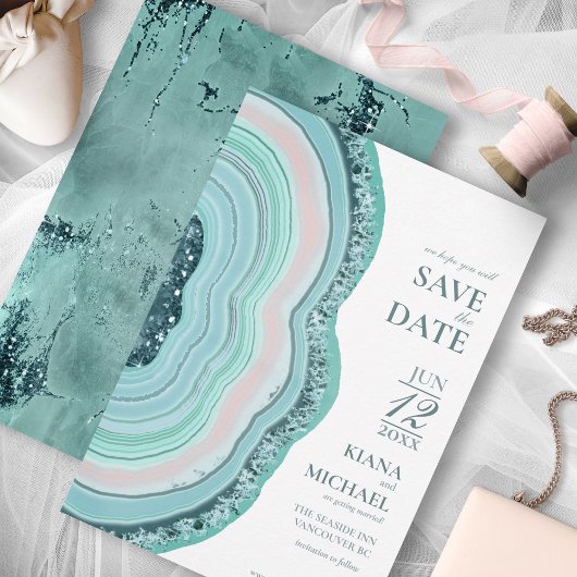 Agate Geode Glitter Wedding Blauwgroen ID647 Save The Date