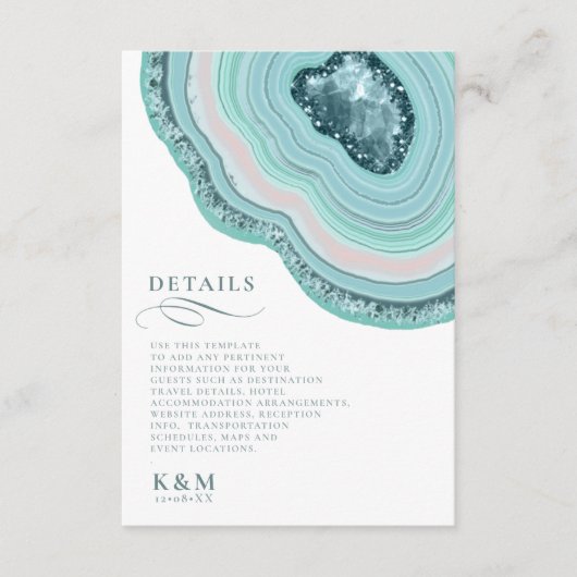 Agate Geode Glitter Wedding Details Blauwgroen ID6 Informatiekaartje (Voorkant)
