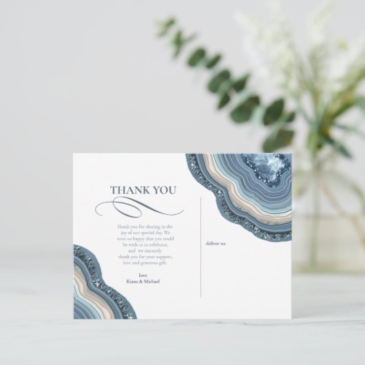 Agate Geode Glitter Wedding Dusty Blue ID647 Aankondigingskaart (Staand voorkant)