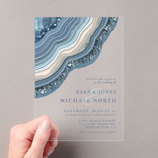 Agate Geode Glitter Wedding Dusty Blue ID647 Acryl Uitnodigingen (Insitu (Draagbaar))