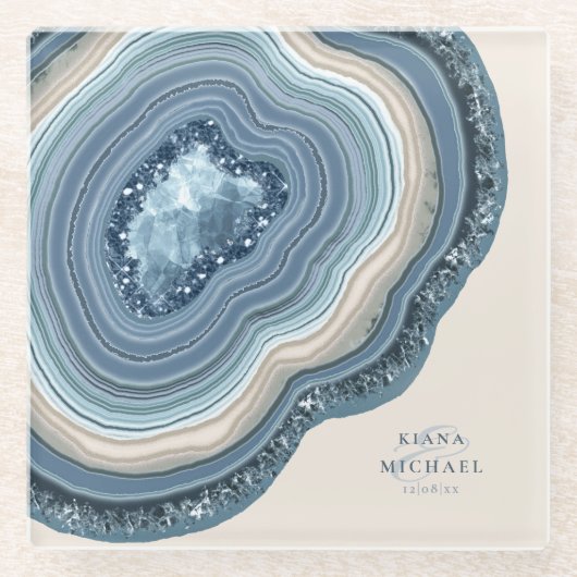 Agate Geode Glitter Wedding Dusty Blue ID647 Glazen Onderzetter (Voorkant)