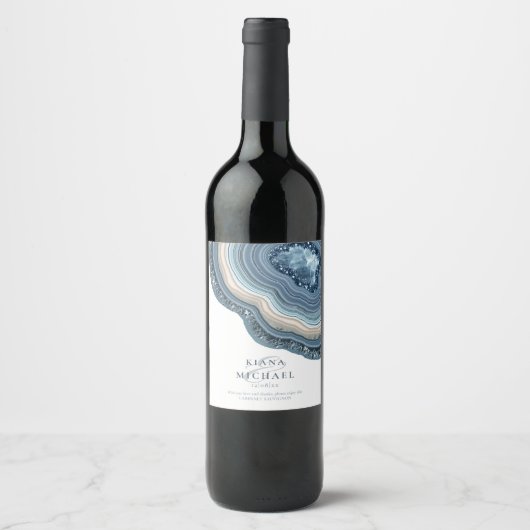 Agate Geode Glitter Wedding Dusty Blue ID647 Wijn Etiket (Voorkant)