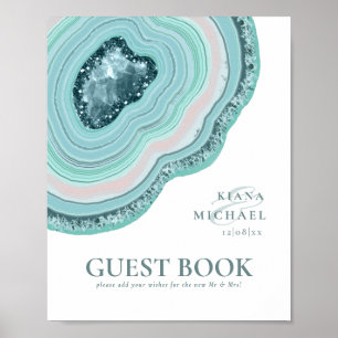 Agate Geode Glitter Wedding Guest Book Blauwgroen Poster