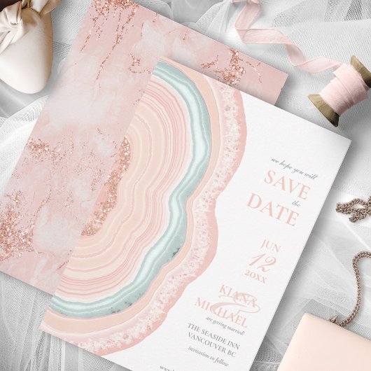 Agate Geode Glitter Wedding Roos Gold ID647 Save The Date