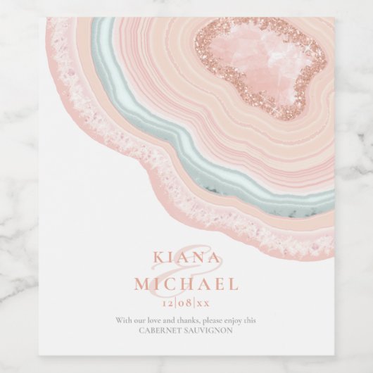 Agate Geode Glitter Wedding Roos Gold ID647 Wijn Etiket (Enkel label)