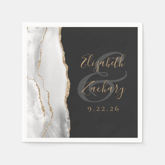 Agate Geode Gray White Gold Script Donkere bruilof Servet (Voorkant)