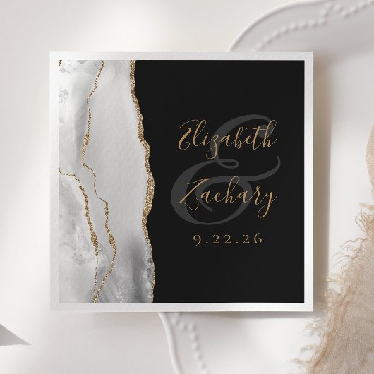 Agate Geode Gray White Gold Script Donkere bruilof Servet