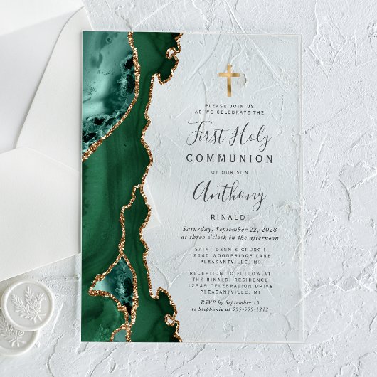 Agate Geode Groen Goud Eerste Heilige Communie Acryl Uitnodigingen