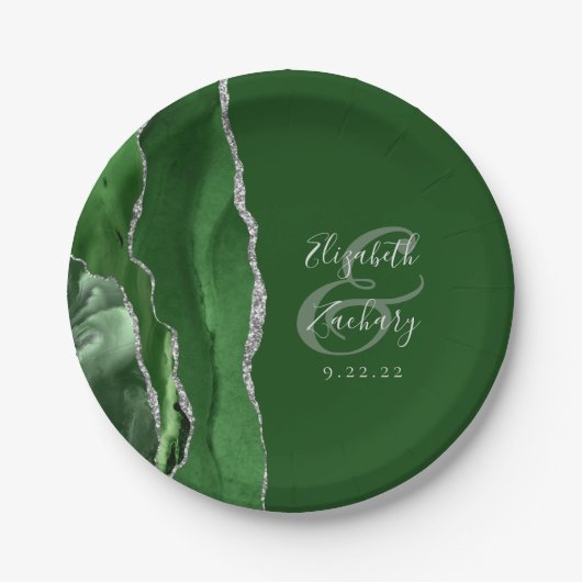 Agate Geode Hunter Green Silver Wedding Papieren Bordje (Voorkant)
