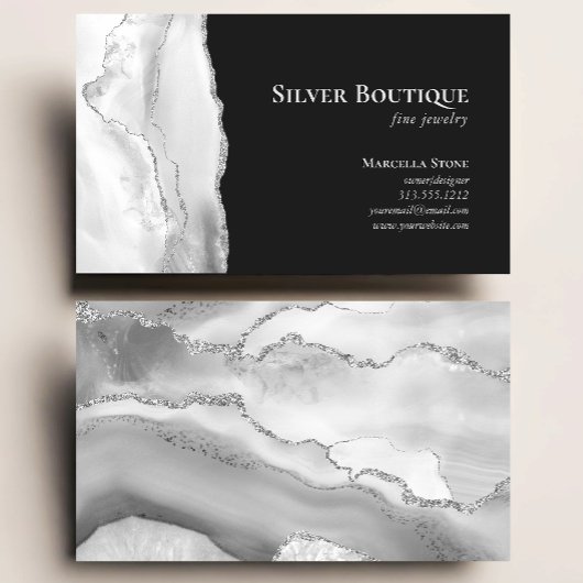 Agate Geode Jewelry Designer Gray White Silver Visitekaartje