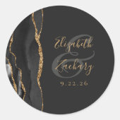 Agate Geode Lettertype Zwart Goud Donkere Bruiloft Ronde Sticker (Voorkant)