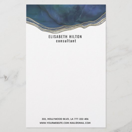 agate geode marineblauw goud  modern briefpapier (Voorkant)