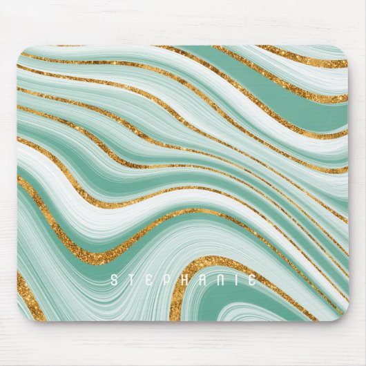 Agate Geode Mintgroene Gouden Nep Glitter Monogram Muismat (Voorkant)
