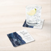 Agate Geode Navy Blau Zilver Save the Date Kartonnen Onderzetters (Insitu)