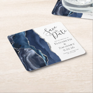 Agate Geode Navy Blau Zilver Save the Date Kartonnen Onderzetters