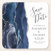 Agate Geode Navy Blau Zilver Save the Date Kartonnen Onderzetters (Voorkant)