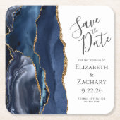 Agate Geode Navy Blauwe Goud Save the Date Kartonnen Onderzetters (Voorkant)
