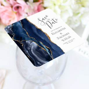 Agate Geode Navy Blauwe Goud Save the Date Kartonnen Onderzetters