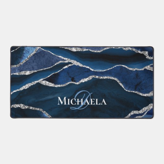 Agate Geode Navy Blauwe Zilveren Glitter Monogram Bureaumat (Voorkant)