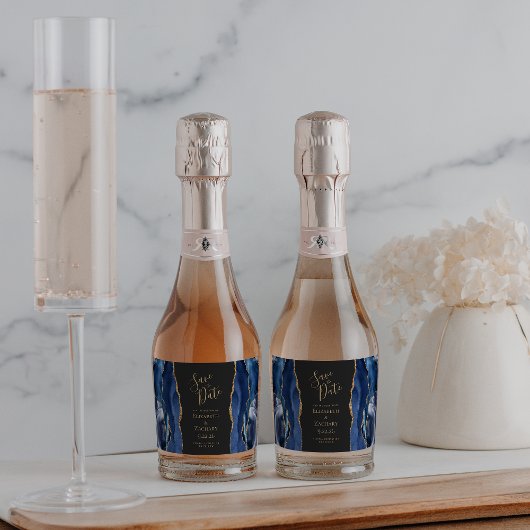 Agate Geode Navy Blue Gold Dark Save the Date Sparkling Wijnetiket