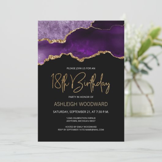 Agate Geode Paars Gold 18th Birthday Party Kaart (Staand voorkant)